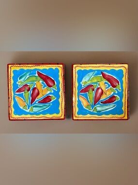 2pc Hand Painted CHILI PEPPERS Hausenware Tiles, Trivets, Wall Decor (8”x 8”)